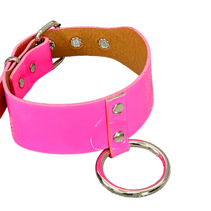 FCK658P  PATENT NEON O RING WIDE BONDAGE LARGE RIVET  CHOKER