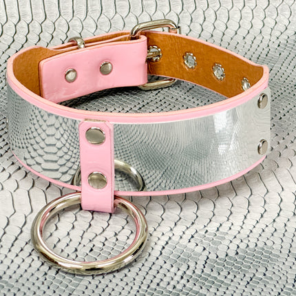 FCK660P  METAL PATENT NEON O RING WIDE BONDAGE LARGE RIVET  CHOKER