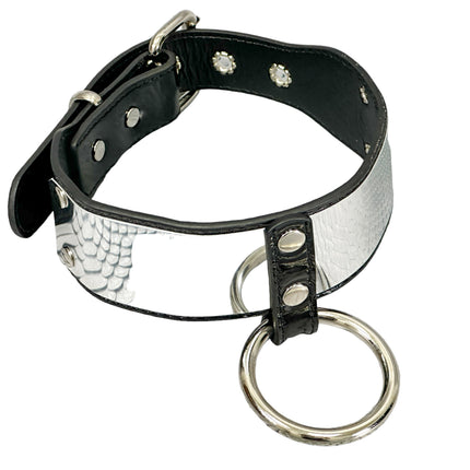 FCK660P  METAL PATENT NEON O RING WIDE BONDAGE LARGE RIVET  CHOKER