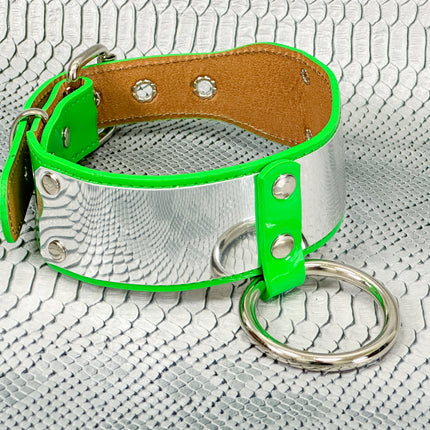 FCK660P  METAL PATENT NEON O RING WIDE BONDAGE LARGE RIVET  CHOKER