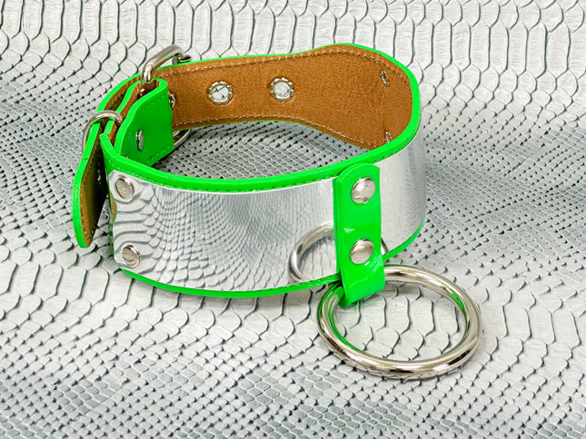 FCK660P  METAL PATENT NEON O RING WIDE BONDAGE LARGE RIVET  CHOKER