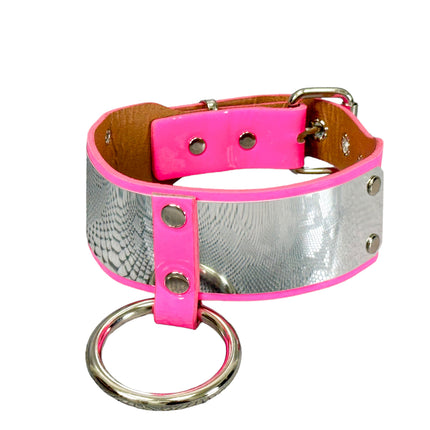FCK660P  METAL PATENT NEON O RING WIDE BONDAGE LARGE RIVET  CHOKER