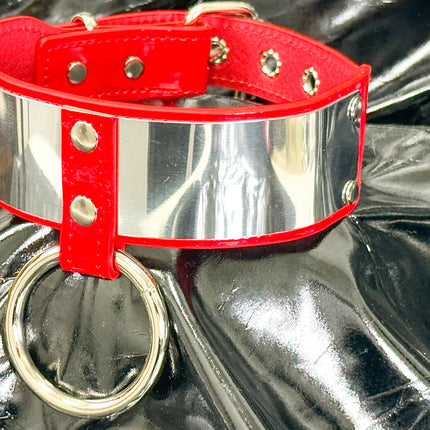 FCK660P  METAL PATENT NEON O RING WIDE BONDAGE LARGE RIVET  CHOKER