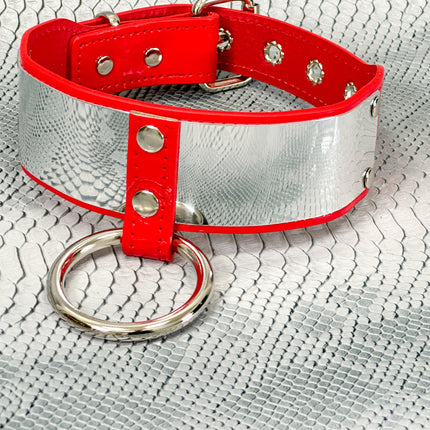 FCK660P  METAL PATENT NEON O RING WIDE BONDAGE LARGE RIVET  CHOKER