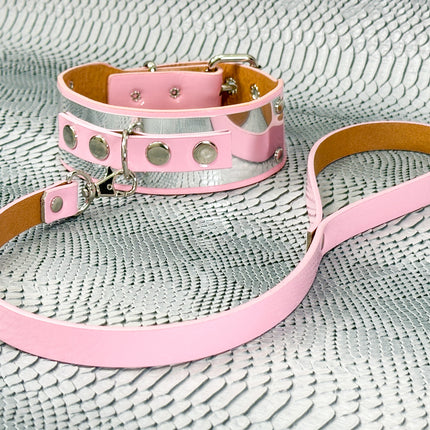 FCK660P-LEASH   METAL PATENT NEON D RING WIDE BONDAGE LARGE RIVET  CHOKER