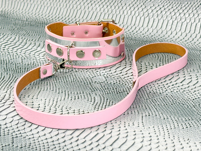 FCK660P-LEASH   METAL PATENT NEON D RING WIDE BONDAGE LARGE RIVET  CHOKER