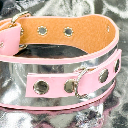 FCK660P  METAL PATENT NEON D RING WIDE BONDAGE LARGE RIVET  CHOKER