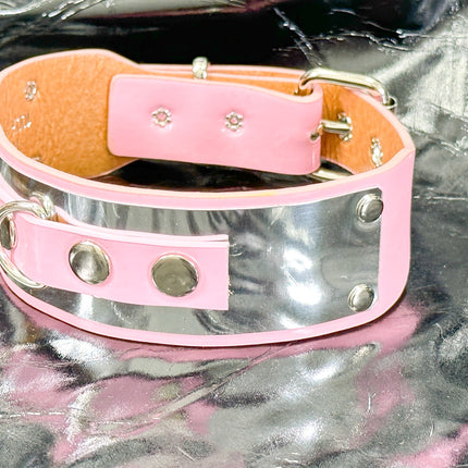 FCK660P  METAL PATENT NEON D RING WIDE BONDAGE LARGE RIVET  CHOKER