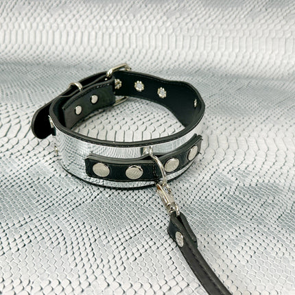 FCK660P-LEASH   METAL PATENT NEON D RING WIDE BONDAGE LARGE RIVET  CHOKER