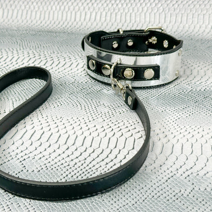 FCK660P-LEASH   METAL PATENT NEON D RING WIDE BONDAGE LARGE RIVET  CHOKER