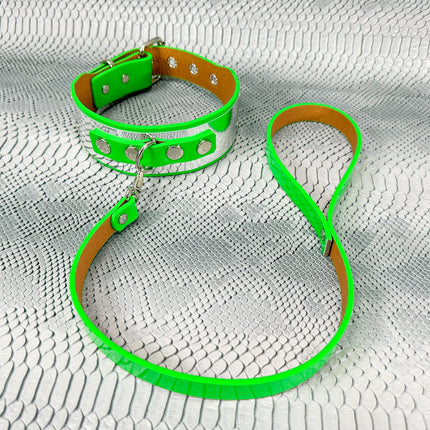 FCK660P-LEASH   METAL PATENT NEON D RING WIDE BONDAGE LARGE RIVET  CHOKER