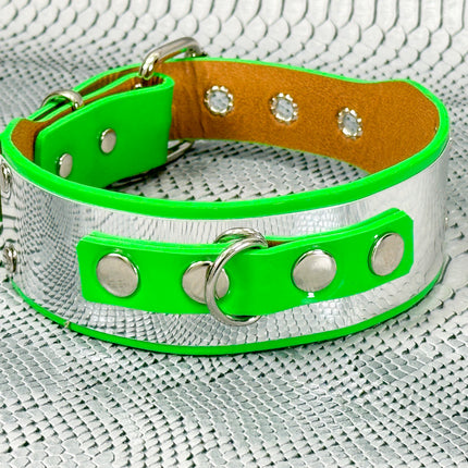 FCK660P  METAL PATENT NEON D RING WIDE BONDAGE LARGE RIVET  CHOKER