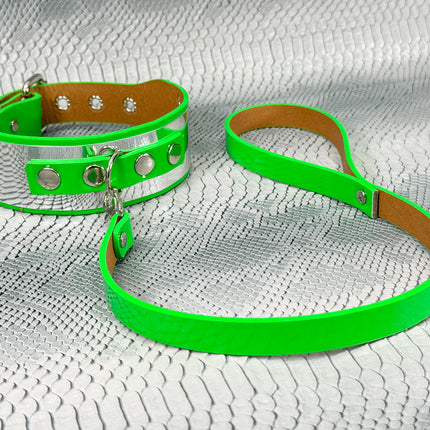 FCK660P-LEASH   METAL PATENT NEON D RING WIDE BONDAGE LARGE RIVET  CHOKER