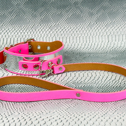FCK660P-LEASH   METAL PATENT NEON D RING WIDE BONDAGE LARGE RIVET  CHOKER