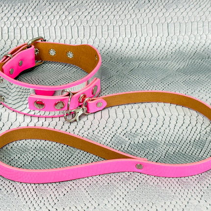 FCK660P-LEASH   METAL PATENT NEON D RING WIDE BONDAGE LARGE RIVET  CHOKER
