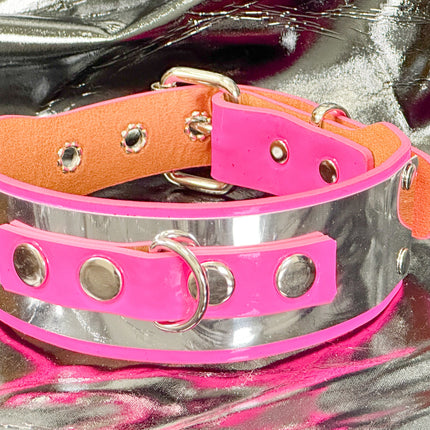 FCK660P  METAL PATENT NEON D RING WIDE BONDAGE LARGE RIVET  CHOKER