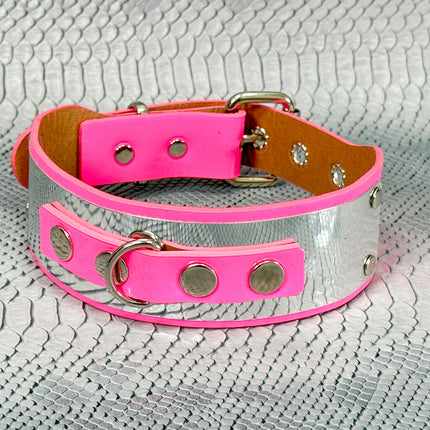 FCK660P  METAL PATENT NEON D RING WIDE BONDAGE LARGE RIVET  CHOKER