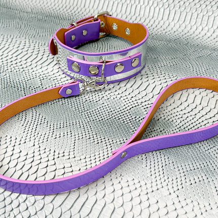 FCK660P-LEASH   METAL PATENT NEON D RING WIDE BONDAGE LARGE RIVET  CHOKER
