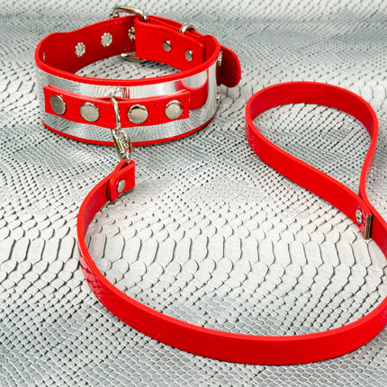 FCK660P-LEASH   METAL PATENT NEON D RING WIDE BONDAGE LARGE RIVET  CHOKER