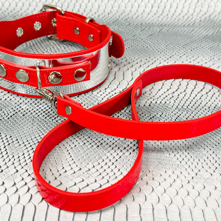 FCK660P-LEASH   METAL PATENT NEON D RING WIDE BONDAGE LARGE RIVET  CHOKER