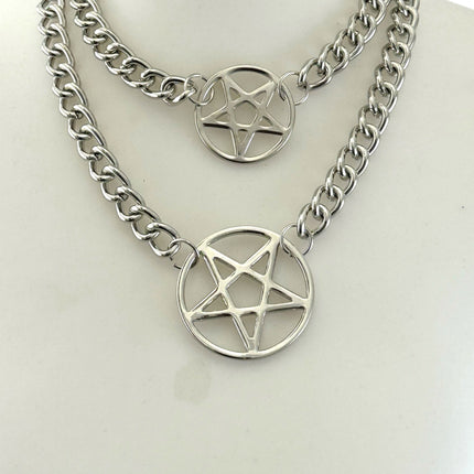 FCK930R 4MM REGULAR STREEL CHAIN DOUBLE PENTAGRAM CHOKER