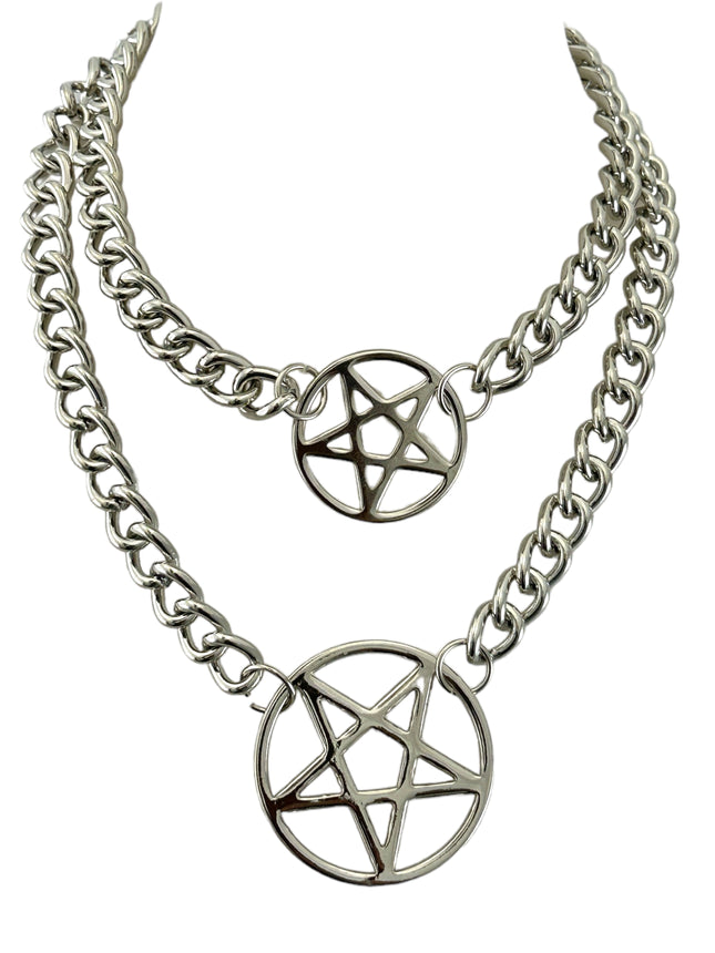 FCK930R 4MM REGULAR STREEL CHAIN DOUBLE PENTAGRAM CHOKER