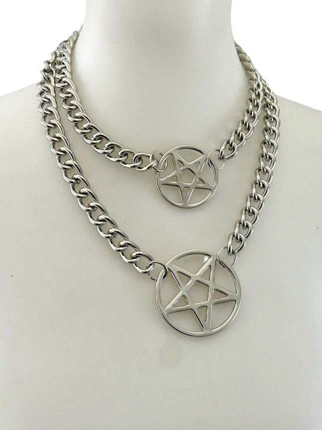 FCK930R 4MM REGULAR STREEL CHAIN DOUBLE PENTAGRAM CHOKER