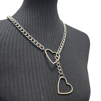 FCK940HT-SIL DOUBLE HEART CHAIN NECKLACE PENDANT