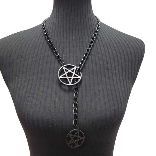 FCK940PENTA-BS BLACK  DOUBLE PENTAGRAM CHAIN NECKLACE PENDANT