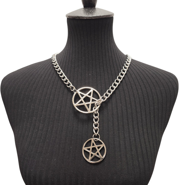 FCK940PENTA-SILVER DOUBLE PENTAGRAM CHAIN NECKLACE PENDANT