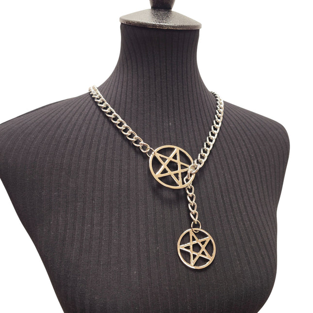FCK940PENTA-SILVER DOUBLE PENTAGRAM CHAIN NECKLACE PENDANT