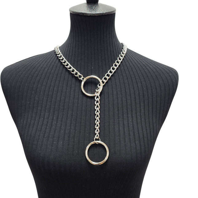 FCK940RING-SILVER DOUBLE RING CHAIN NECKLACE PENDANT