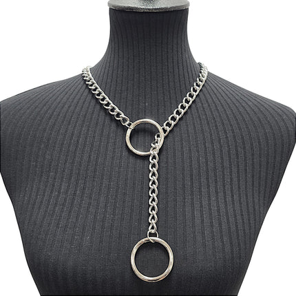 FCK940RING-SILVER DOUBLE RING CHAIN NECKLACE PENDANT