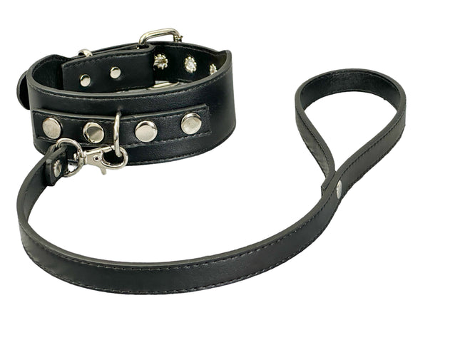 FCK654M-LEASH  D RING WIDE BONDAGE LARGE RIVET VEGAN CHOKER