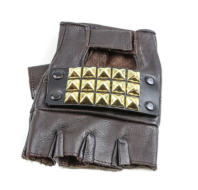 FG107BRS BRASS STUDDED GENUINE LEATHER FINGERLESS GLOVES PAIR