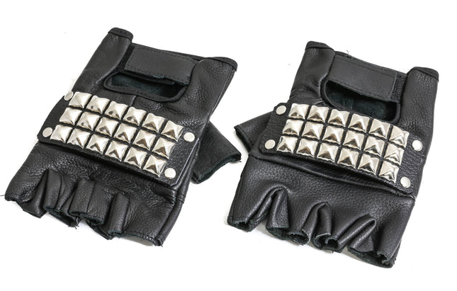 FG107SIL STUDDED GENUINE LEATHER FINGERLESS GLOVES PAIR