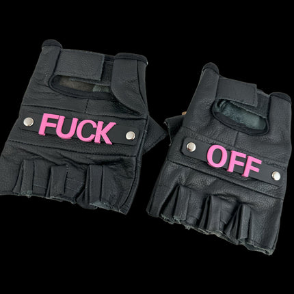 FG120FO-PINK FUCK OFF GENUINE LEATHER FINGERLESS GLOVES PAIR