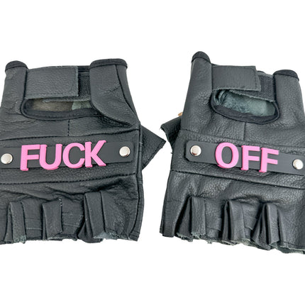 FG120FO-PINK FUCK OFF GENUINE LEATHER FINGERLESS GLOVES PAIR