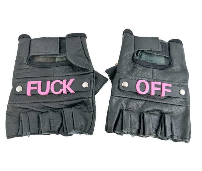 FG120FO-PINK FUCK OFF GENUINE LEATHER FINGERLESS GLOVES PAIR