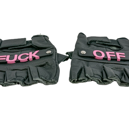 FG120FO-PINK FUCK OFF GENUINE LEATHER FINGERLESS GLOVES PAIR