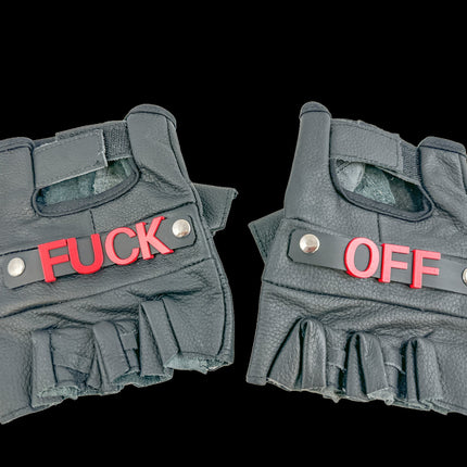 FG120FO-RED FUCK OFF GENUINE LEATHER FINGERLESS GLOVES PAIR