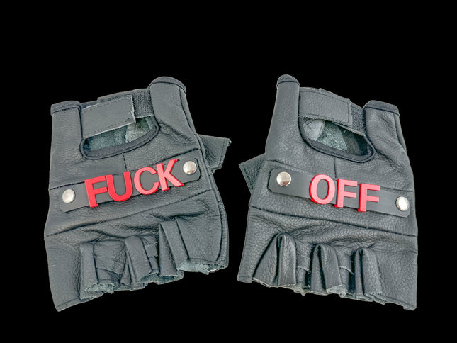 FG120FO-RED FUCK OFF GENUINE LEATHER FINGERLESS GLOVES PAIR