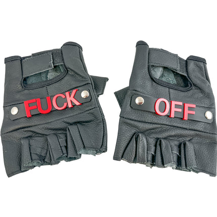 FG120FO-RED FUCK OFF GENUINE LEATHER FINGERLESS GLOVES PAIR