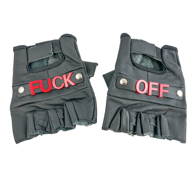 FG120FO-RED FUCK OFF GENUINE LEATHER FINGERLESS GLOVES PAIR