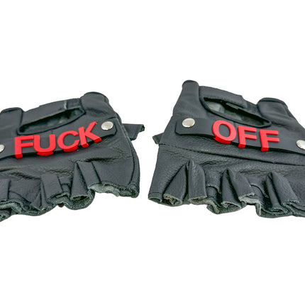 FG120FO-RED FUCK OFF GENUINE LEATHER FINGERLESS GLOVES PAIR