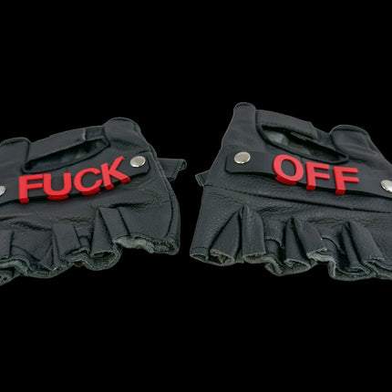 FG120FO-RED FUCK OFF GENUINE LEATHER FINGERLESS GLOVES PAIR