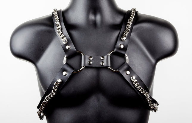 FH101CN  MEN'S BULLDOG HARNESS  LEATHER CHAIN RIVETED