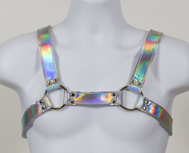 FH101RN MEN'S RAINBOW HOLOGRAPHIC SILVER BULLDOG HARNESS  VEGAN LEATHER