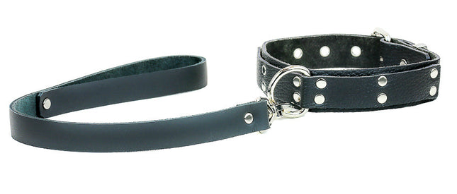 FMC104BF D RING RIVETED BUFFALO LEATHER COLLAR WITH LEASH