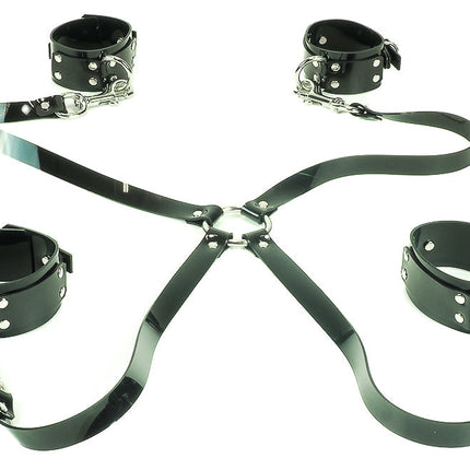 FMS104VN-BLK  FOUR WAYLONG LEASH 1" D RING RESTRAINTS ANKLE AND WRIST GENUINE LEATHER